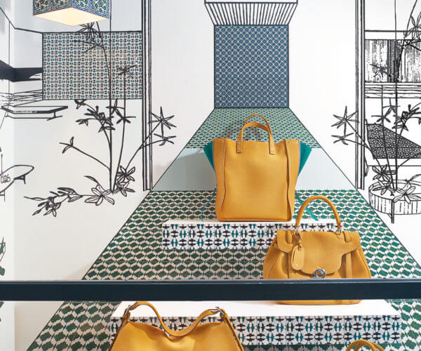 Fontana Milano 1915 ochre bags, architecture window display design