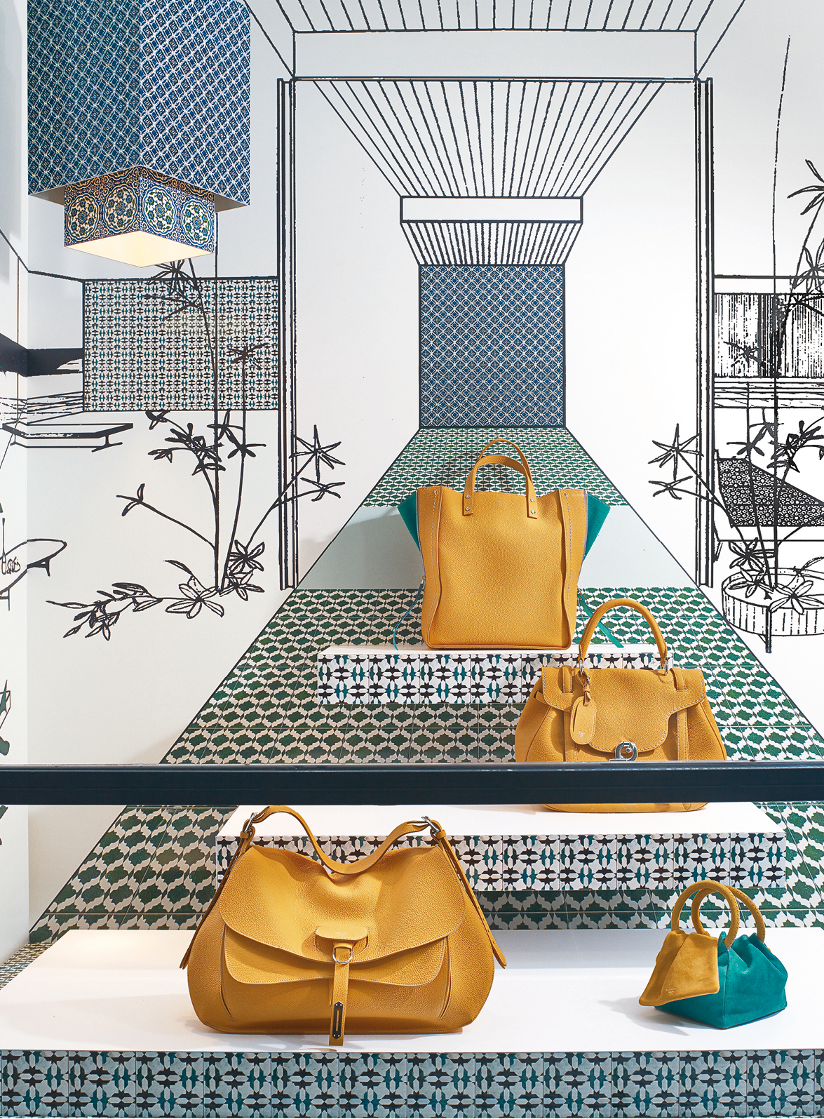 Fontana Milano 1915 ochre bags, architecture window display design