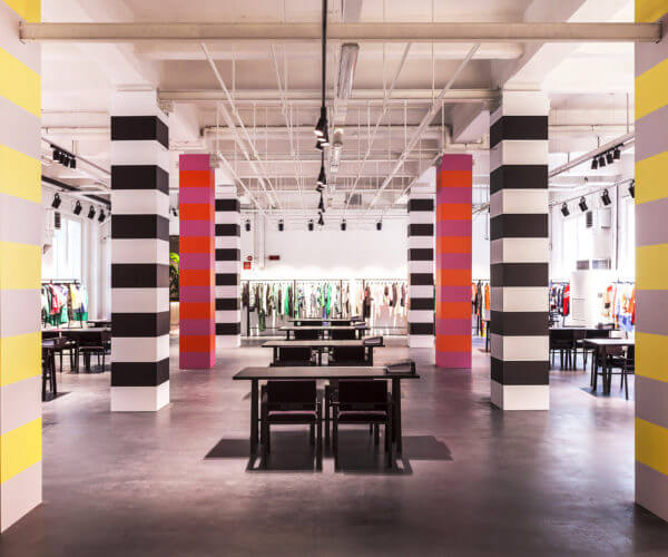MSGM showroom set design with striped columns by Christian Rizzi