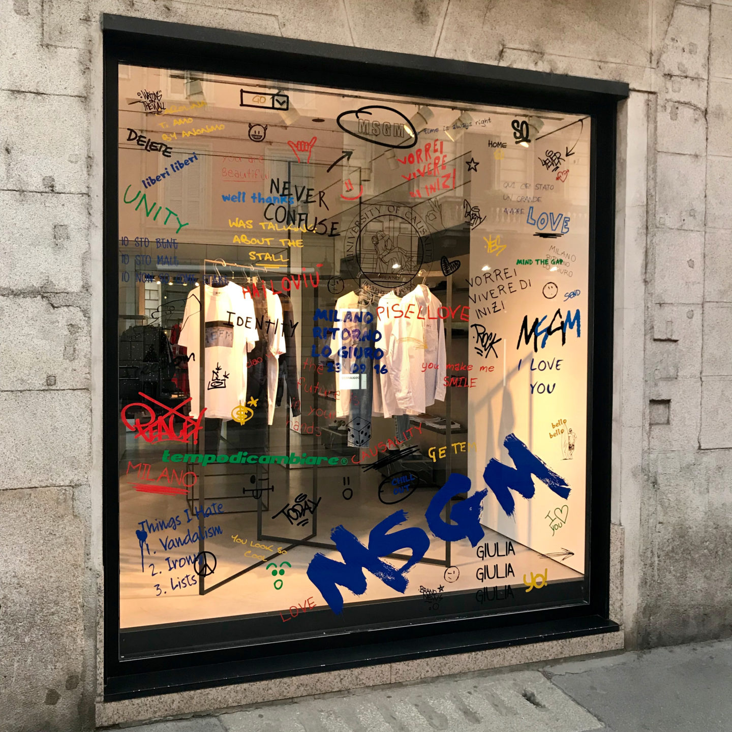 MSGM window design sticker writing glass by christian rizzi