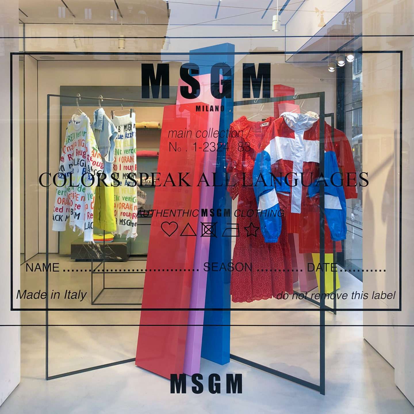 MSGM window totems window display pink blue letterings red sticker colorblock window design