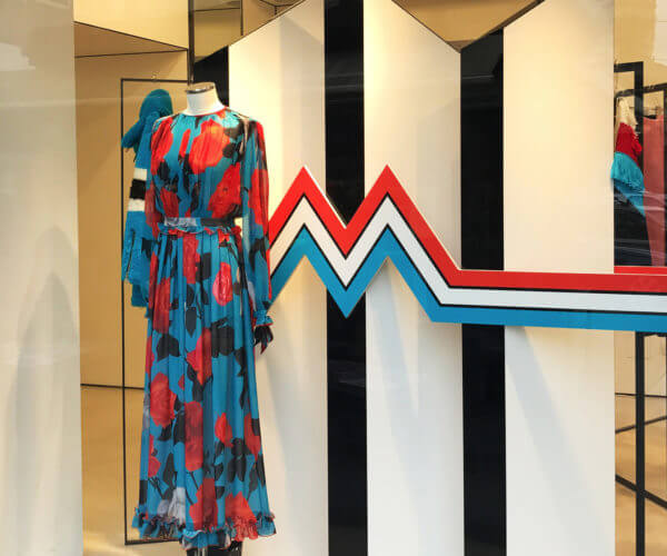 MSGM Twin Peaks M window design black and white structure, red flowers dress