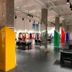 MSGM plexiglass columns spatial design showroom presentation