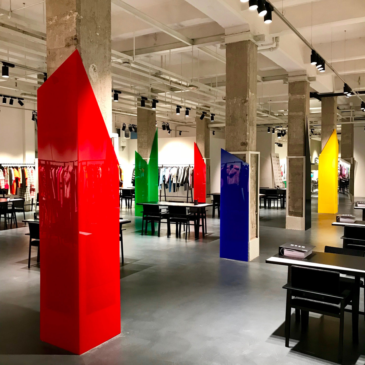 MSGM plexiglass columns colours spatial design showroom styling