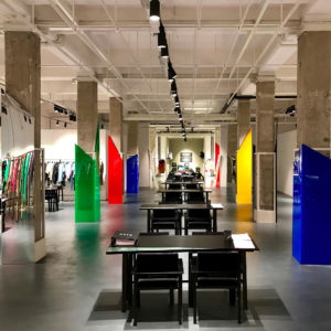 MSGM plexiglass columns colours spatial design showroom presentation