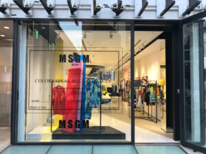 MSGM window design totem window display pink blue red sticker