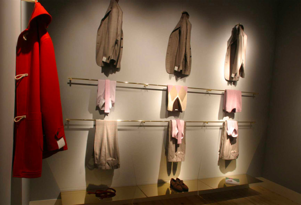 cashmere, red, spatial design, hanging, brass, set design