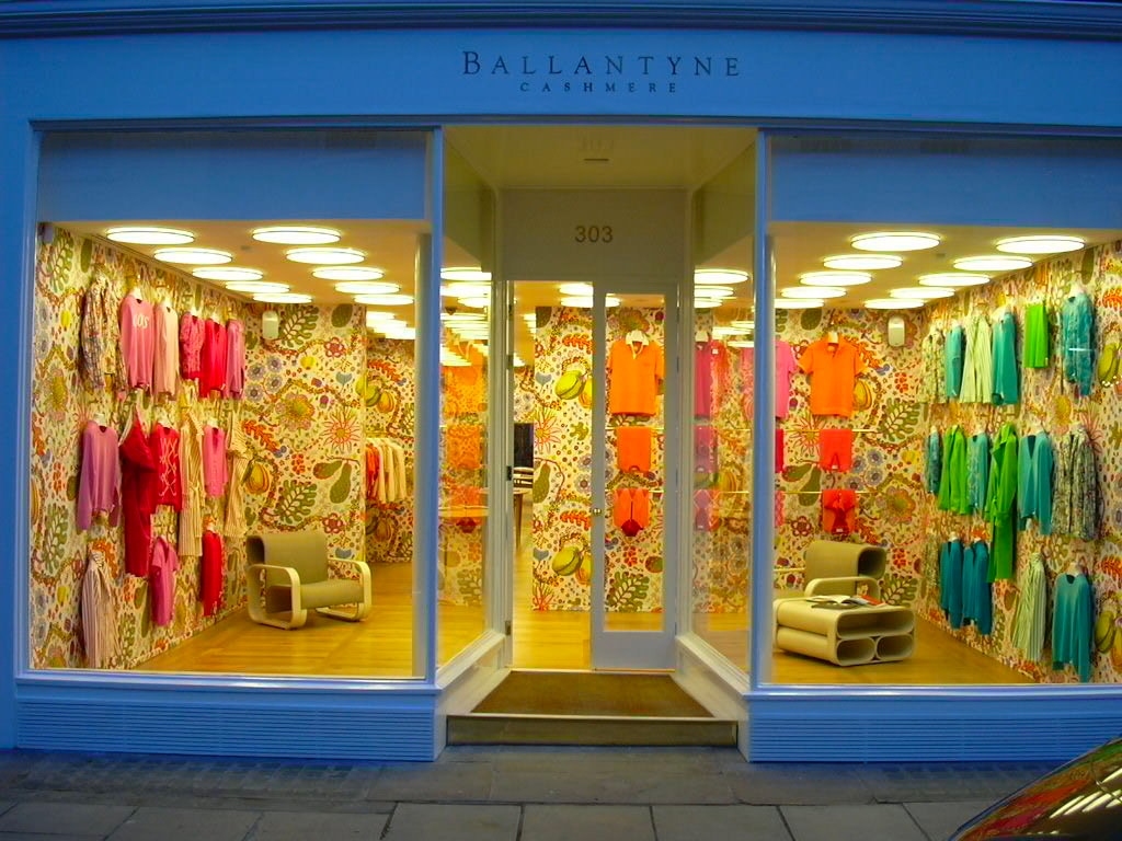 Ballantyne window display design with cashmere sweaters, wallpaper, colors
