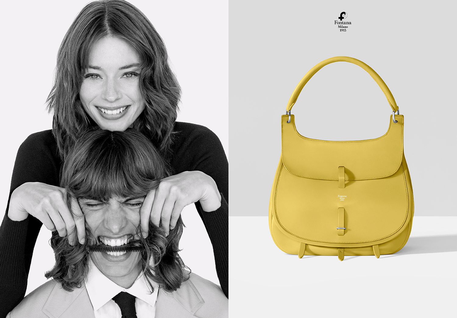 styling, borsa gialla, pettine, modello, modella, fontana pelletterie